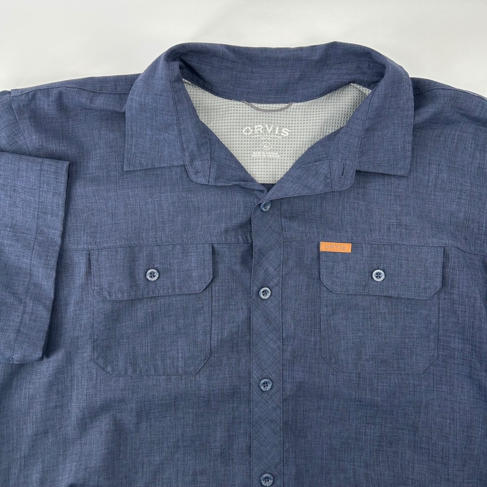 Orvis Button Down Shirt Mens XL Navy Blue Short Sleeve Pockets Outdoor Hiking